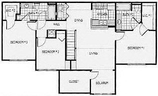 Floor plan for 3 beds, 2 baths, 1281 sqft
